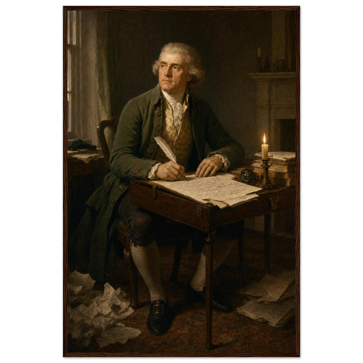 Framed portrait of Thomas Jefferson at his writing desk, ready to hang.