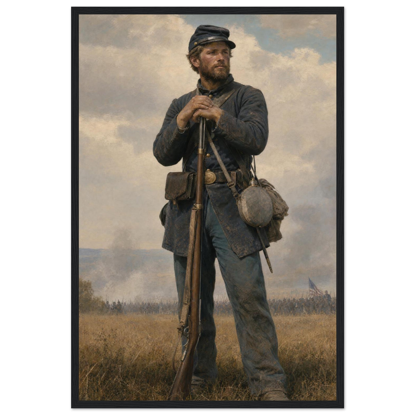 Framed portrait painting of a weary Union soldier standing at rest, leaning on his rifle, in a solid wood frame.