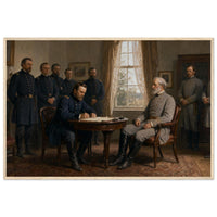 Framed historical painting of General Lee surrendering to General Grant at Appomattox Court House, in a solid wood frame.