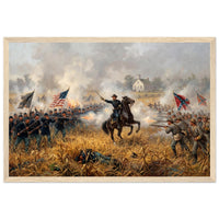 Framed art print of cavalry and infantry clashing amid smoke and flags at the Battle of Antietam, in a solid wood frame.