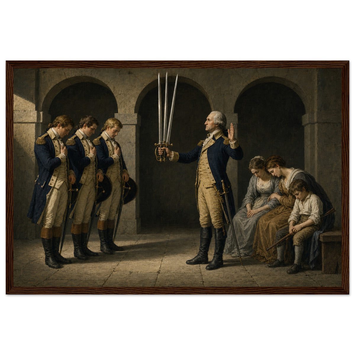 The Oath at Valley Forge — framed fine art print of Washington holding three swords aloft before three bowed officers, grieving women at right, in a dark wood frame