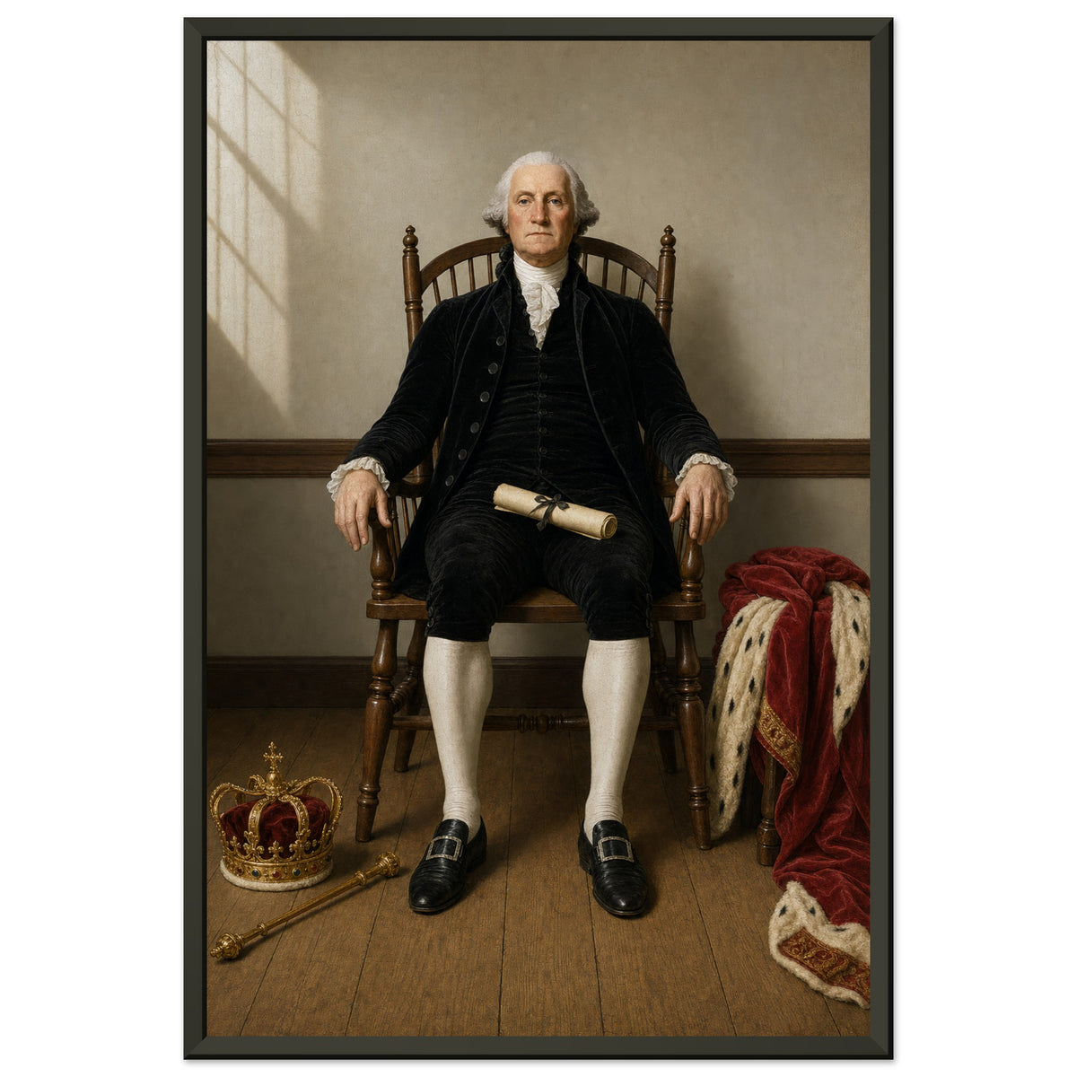 The Crown Refused — framed fine art print of Washington seated in a Windsor chair, a crown, scepter and ermine robe set aside nearby, in a black frame