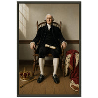 The Crown Refused — framed fine art print of Washington seated in a Windsor chair, a crown, scepter and ermine robe set aside nearby, in a black frame
