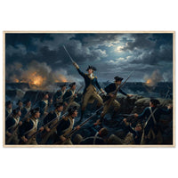 Framed print of the night storming of the redoubt at Yorktown, ready to hang.
