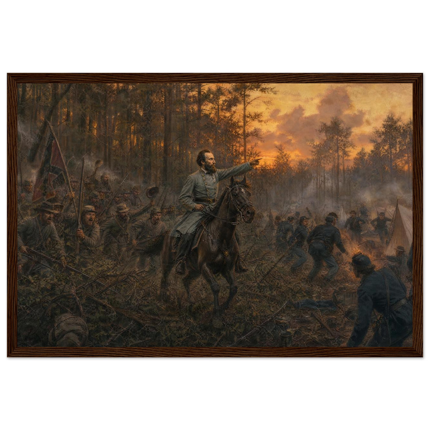 Framed art print of a mounted Civil War officer leading a charge through darkening woods at twilight, in a solid wood frame.