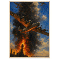 The Column at Ploesti — framed fine art print of B-24 bombers over a burning refinery, 28x40″ in a natural wood frame