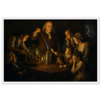 An Experiment on Electricity — framed fine art print of Benjamin Franklin drawing a spark from a Leyden jar for a family by candlelight, in a white frame
