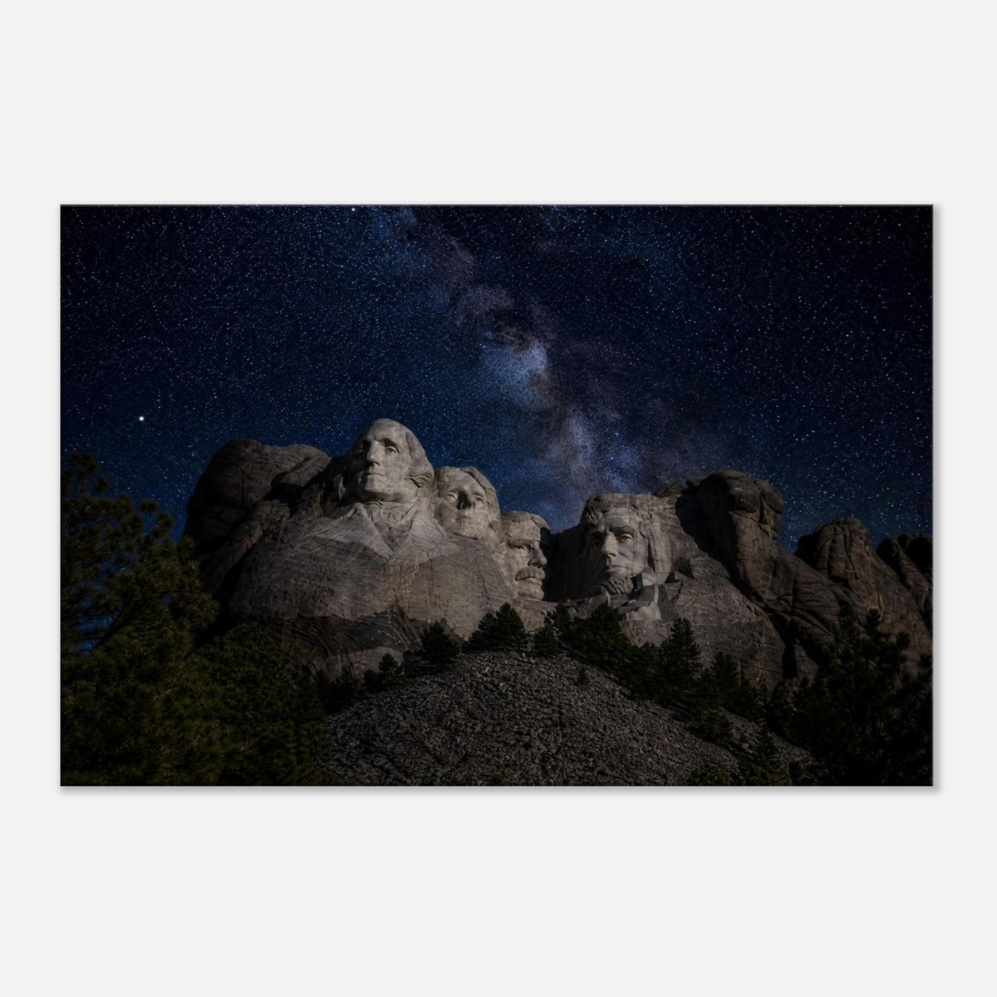 Canvas print of Mount Rushmore under the Milky Way — room view, ready to hang.