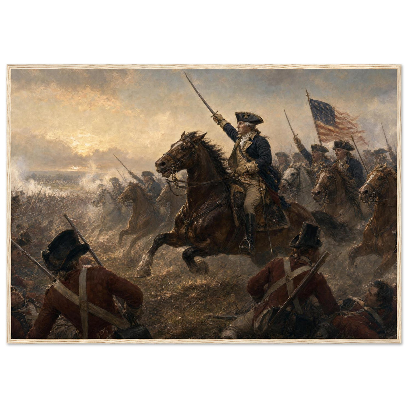 Framed print of a Revolutionary cavalry charge with the flag, ready to hang.