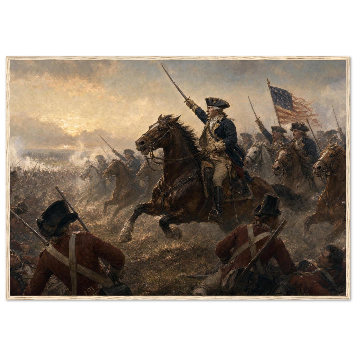 Framed print of a Revolutionary cavalry charge with the flag, ready to hang.