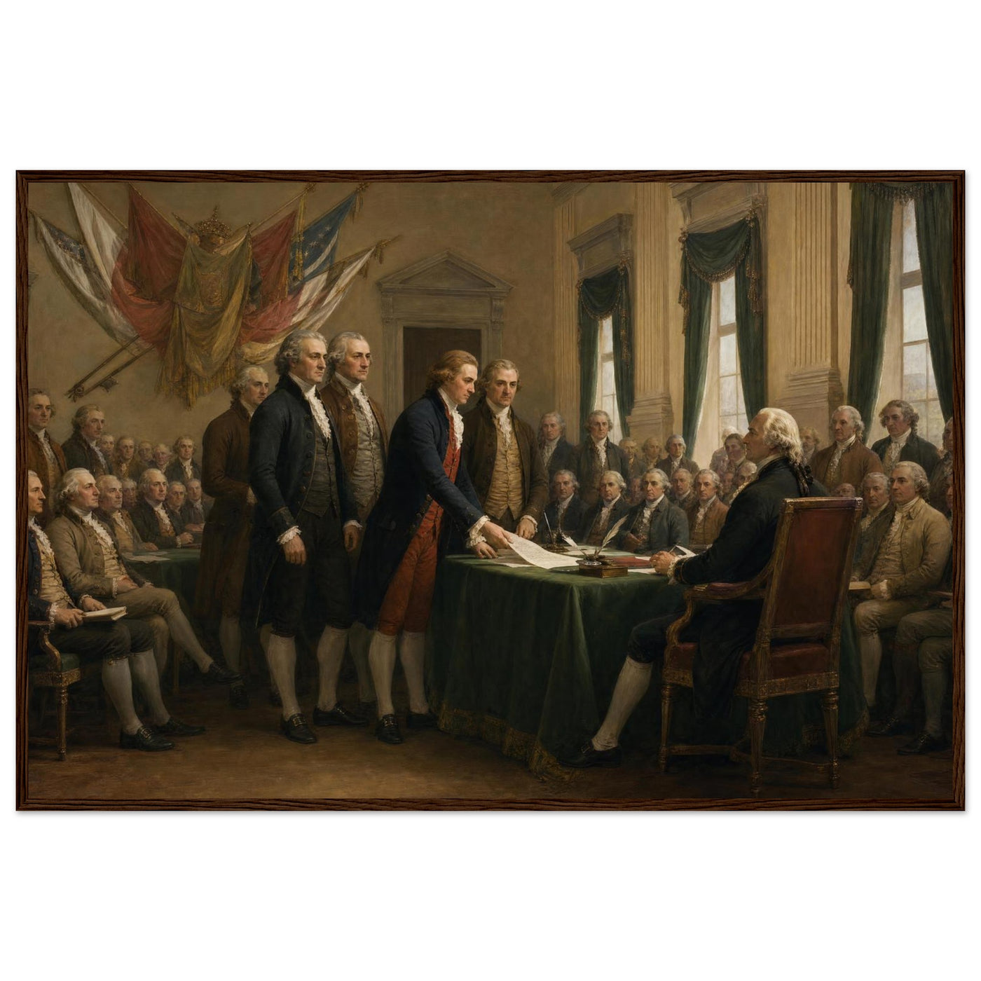 Wooden framed print of the signing of the Declaration — room view, ready to hang.