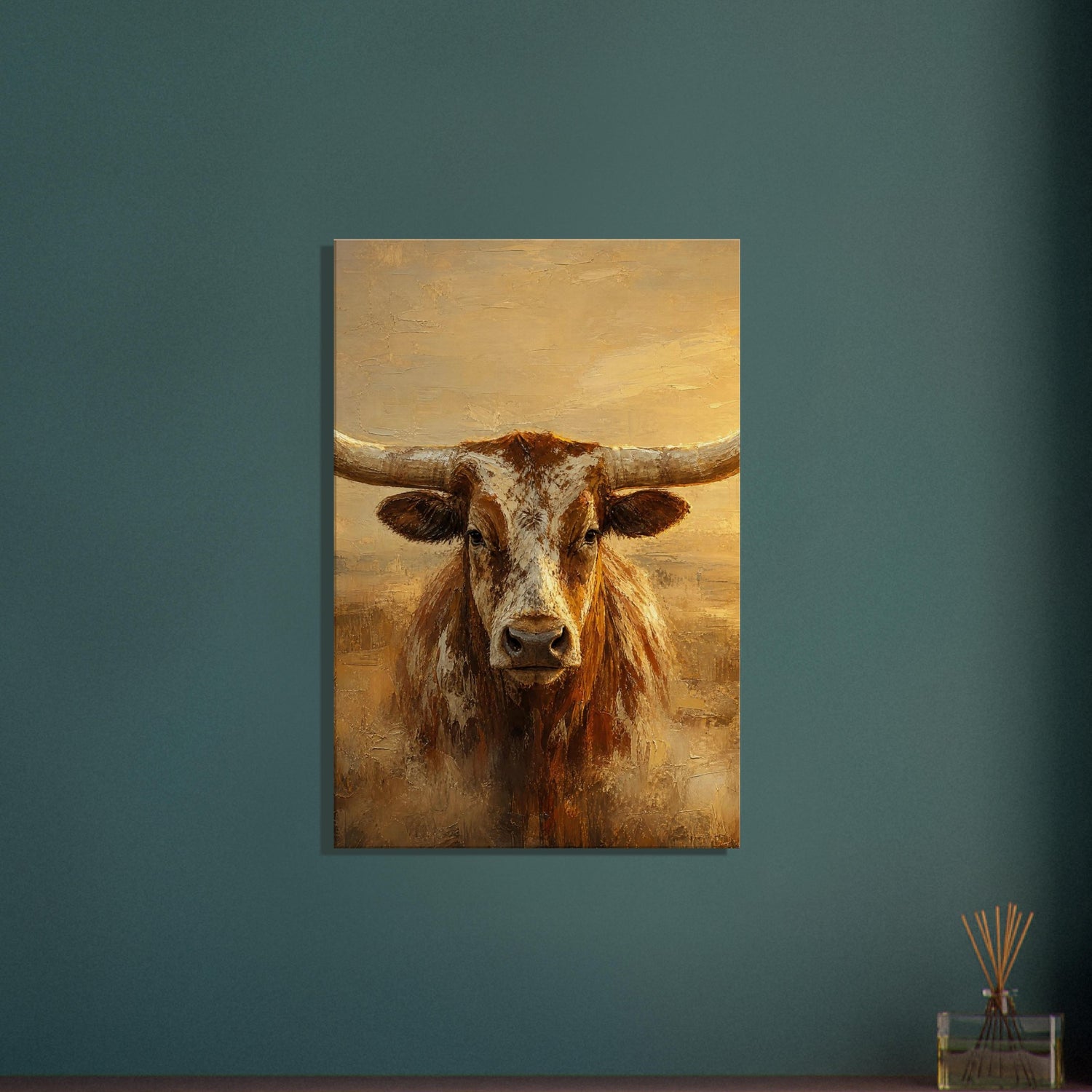 The Longhorn canvas art hung on a deep green wall