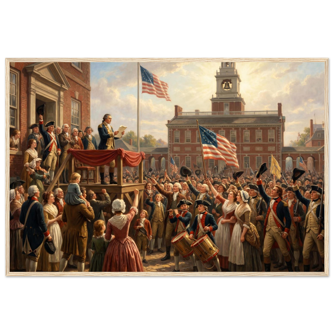 Wooden framed print of the first reading of the Declaration — room view, ready to hang.