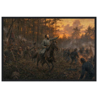 Framed art print of a mounted Civil War officer leading a charge through darkening woods at twilight, in a solid wood frame.