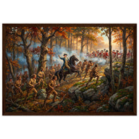 Framed print of a Revolutionary forest ambush, ready to hang.