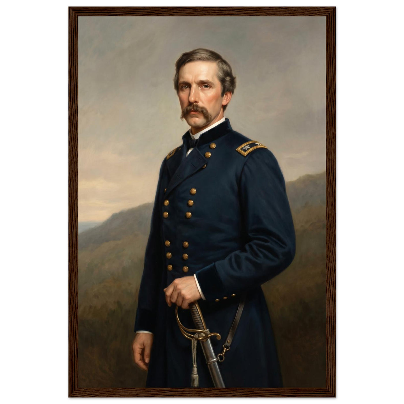 Framed portrait of a Union general, ready to hang.