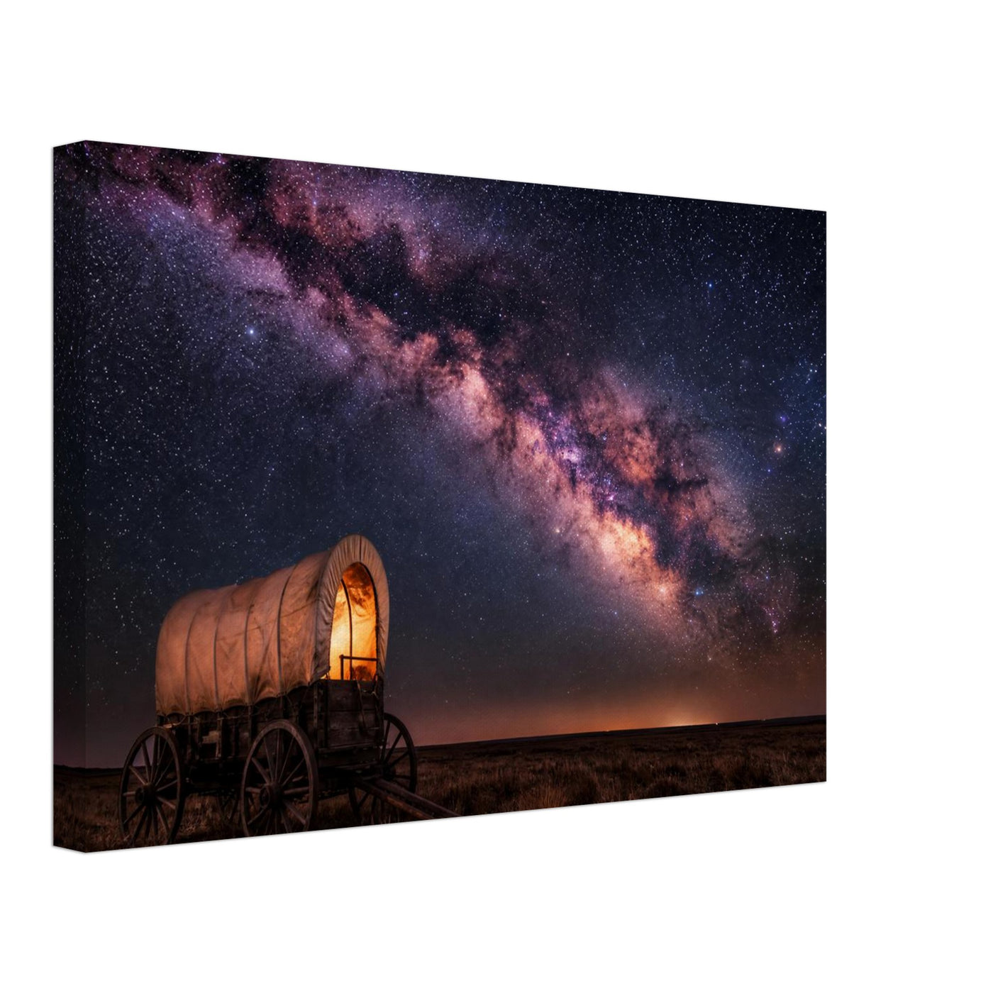 Canvas print of a wagon trail under the Milky Way — room view, ready to hang.