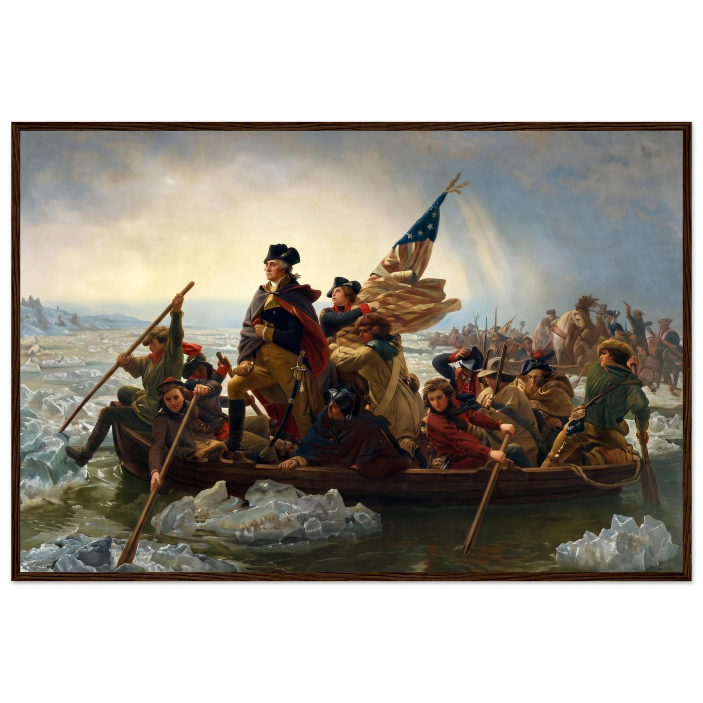 Wooden framed print of Washington crossing the Delaware — room view, ready to hang.