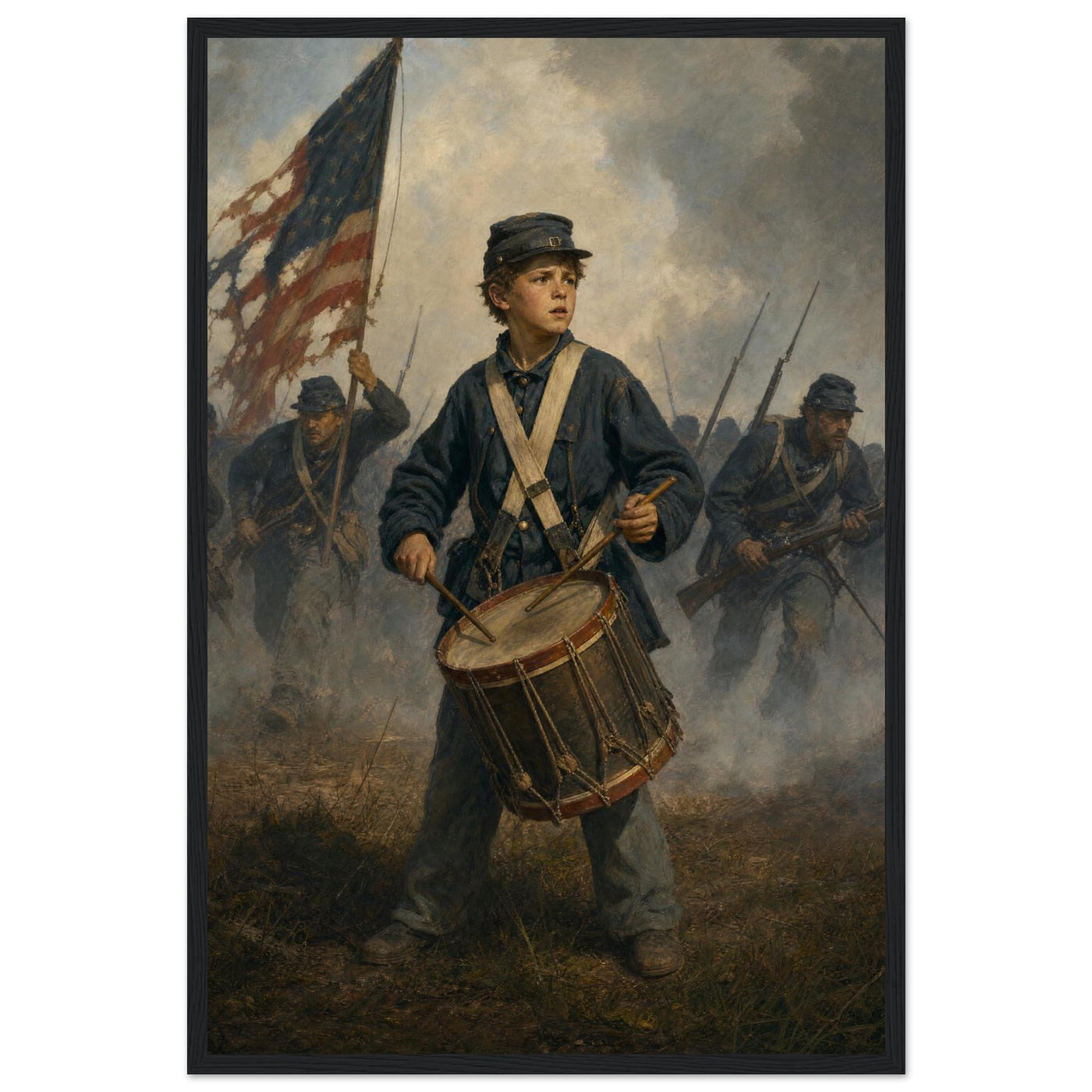 Framed print of a Union drummer boy on the battlefield, ready to hang.