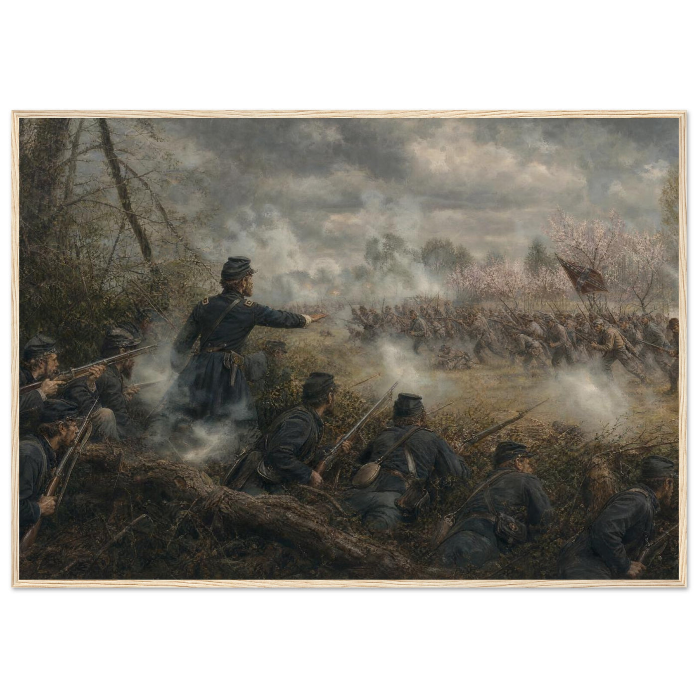 Framed art print of Union soldiers firing from a skirmish line amid drifting gun smoke, in a solid wood frame.