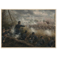 Framed art print of Union soldiers firing from a skirmish line amid drifting gun smoke, in a solid wood frame.