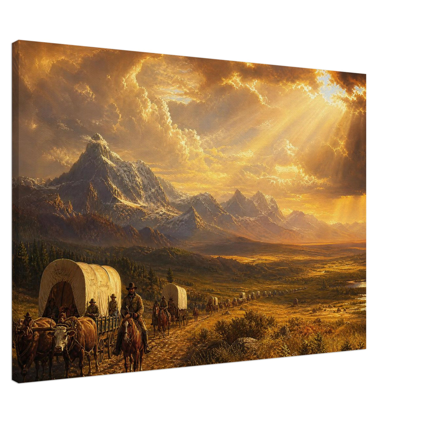 Canvas print of a pioneer wagon at golden hour — room view, ready to hang.
