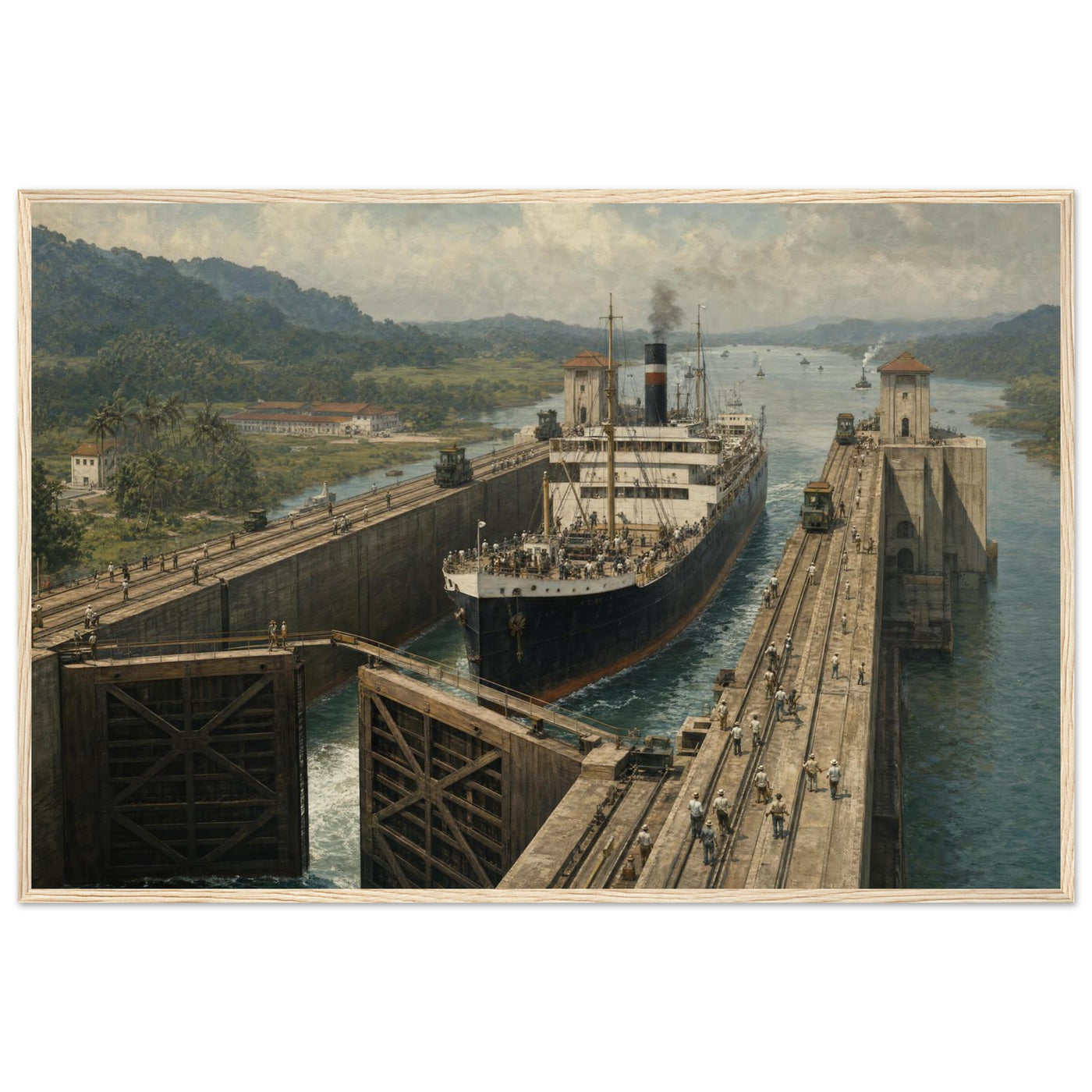 Wooden framed print of the Panama Canal — room view, ready to hang.