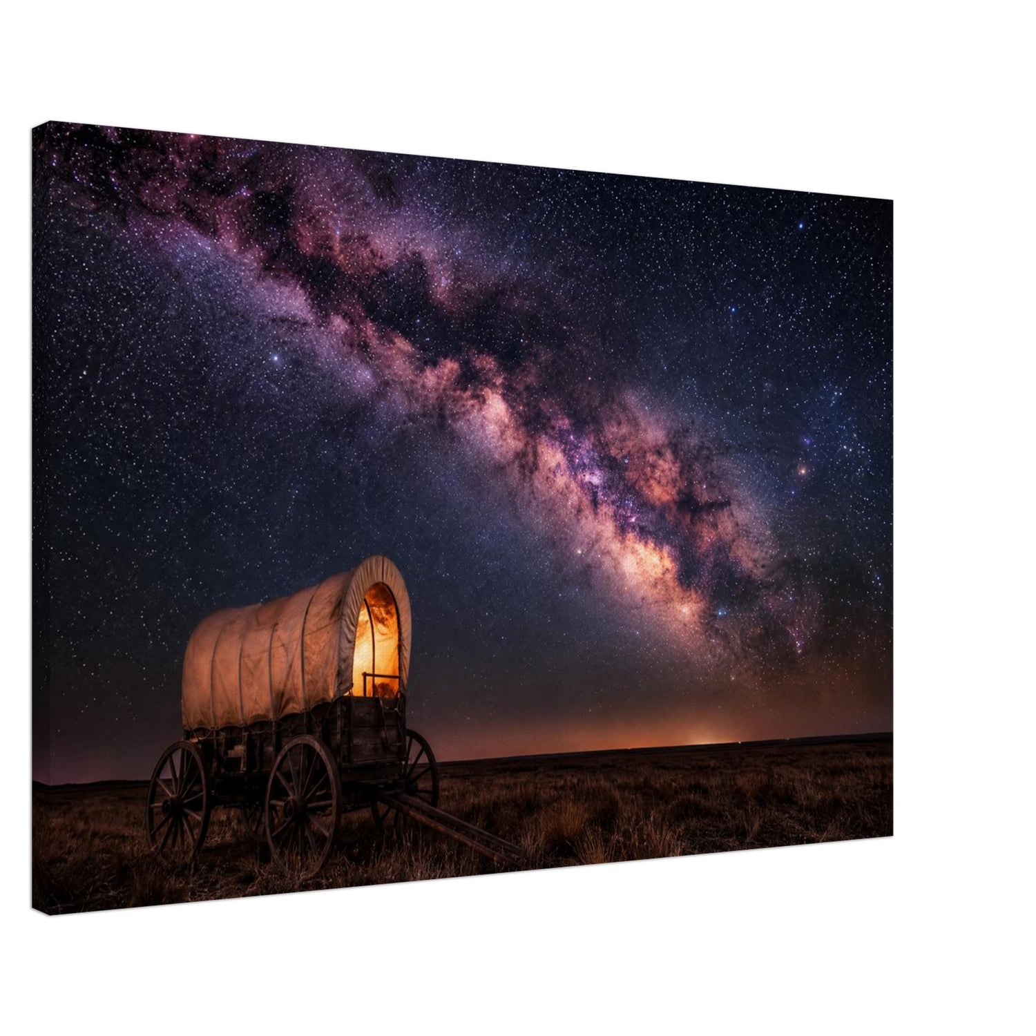 Canvas print of a wagon trail under the Milky Way, ready to hang.