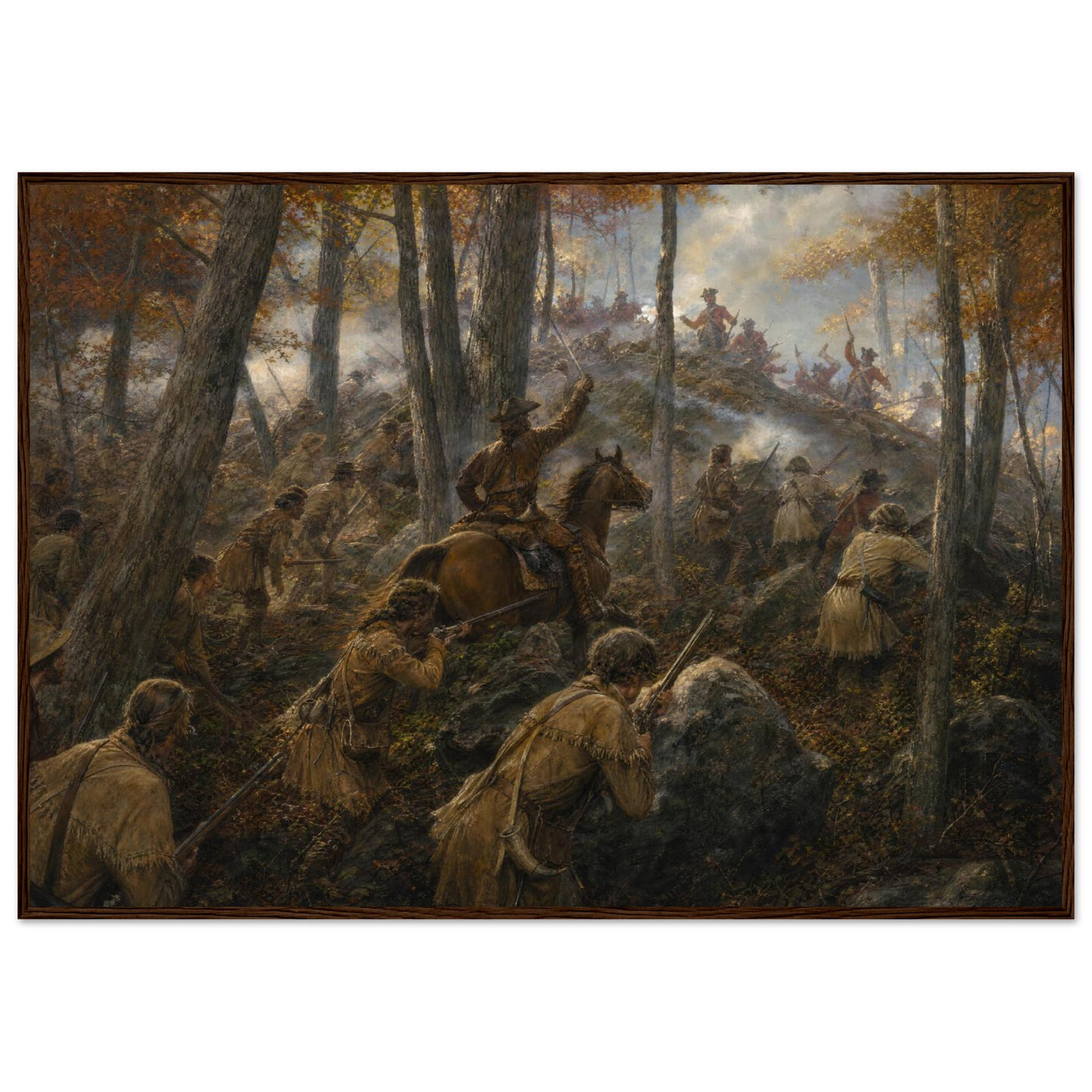 Framed print of a Revolutionary ambush in the northern woods, ready to hang.