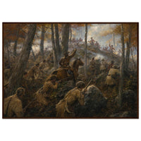 Framed print of a Revolutionary ambush in the northern woods, ready to hang.