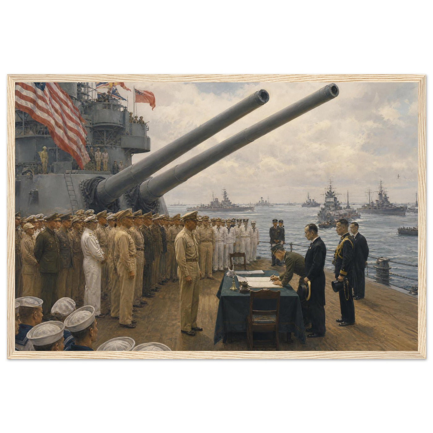 Framed panoramic art print of the 1945 Japanese surrender ceremony aboard the USS Missouri, in a solid wood frame.
