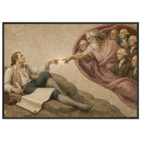 The Creation of a Nation framed print, Jefferson reaching toward the founders, in a black frame