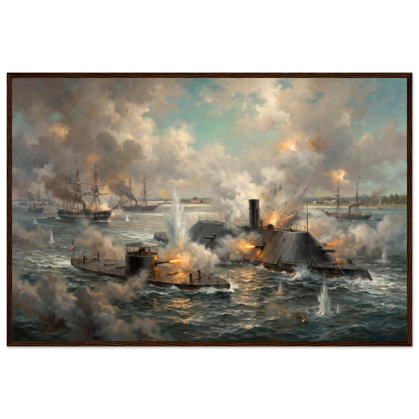 Wooden framed print of the Monitor and Virginia — room view, ready to hang.