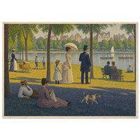 A Sunday Afternoon in Central Park — framed fine art print of strollers, a parasol, a pram and a dog on a lakeside lawn in dotted color, after Seurat, in a natural wood frame