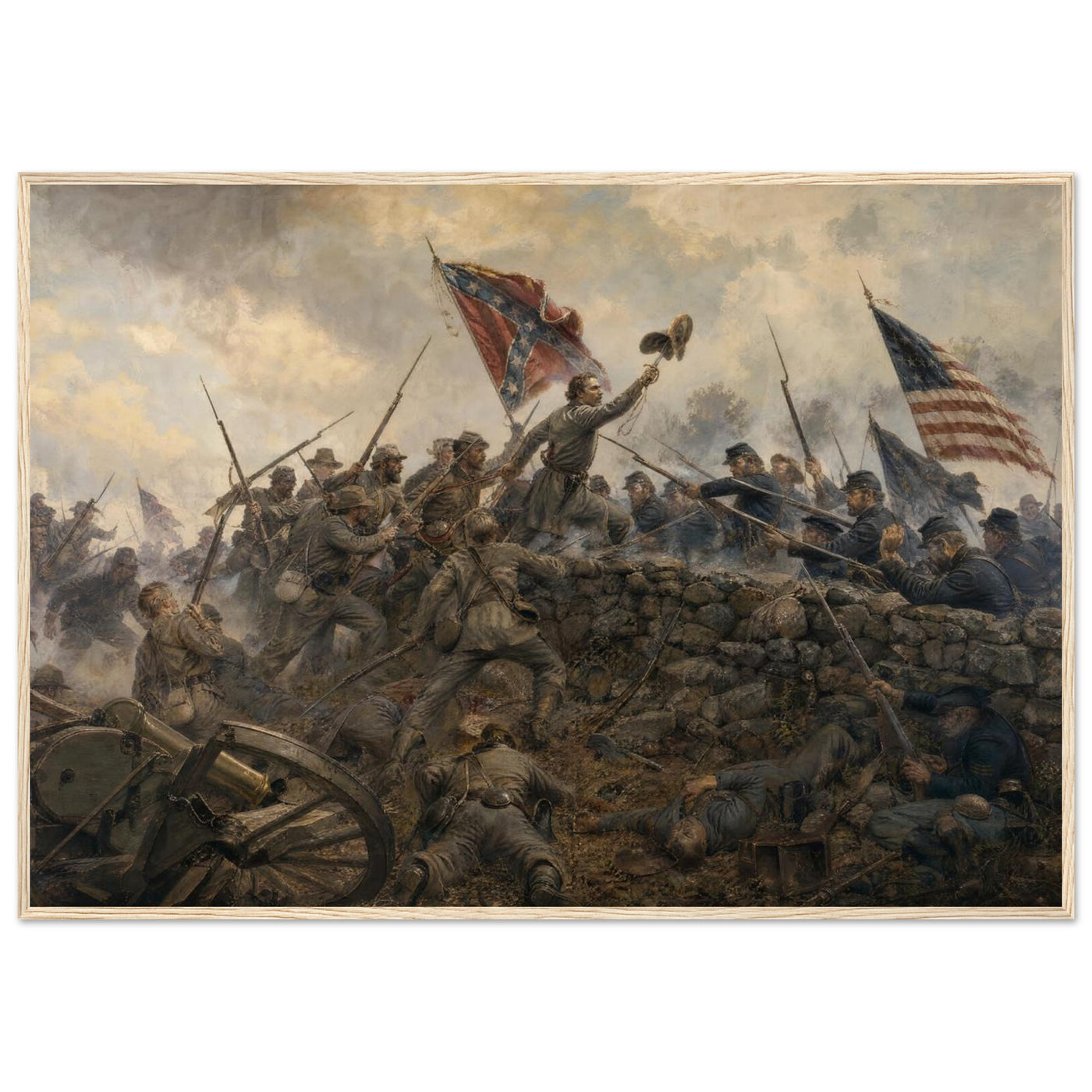 Framed art print of the hand-to-hand melee at the stone wall during Pickett's Charge, Confederate battle flag raised, in a solid wood frame.
