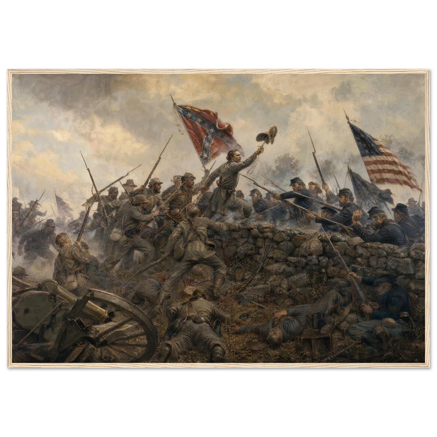 Framed art print of the hand-to-hand melee at the stone wall during Pickett's Charge, Confederate battle flag raised, in a solid wood frame.
