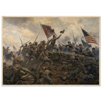 Framed art print of the hand-to-hand melee at the stone wall during Pickett's Charge, Confederate battle flag raised, in a solid wood frame.