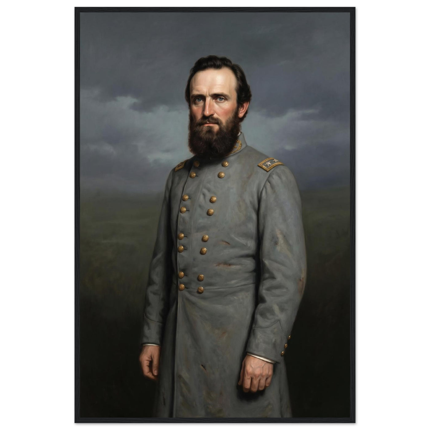 Framed portrait painting of a bearded Confederate general in gray uniform, in a solid wood frame.