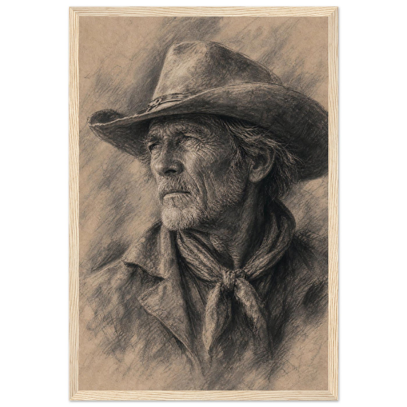 Framed black-and-white charcoal portrait of a weathered old cowhand, in a solid wood frame.