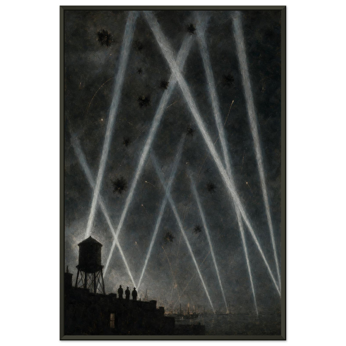 Searchlights Over the Harbor — framed print of searchlight beams and flak over a dark city, 28x40″ in a black frame
