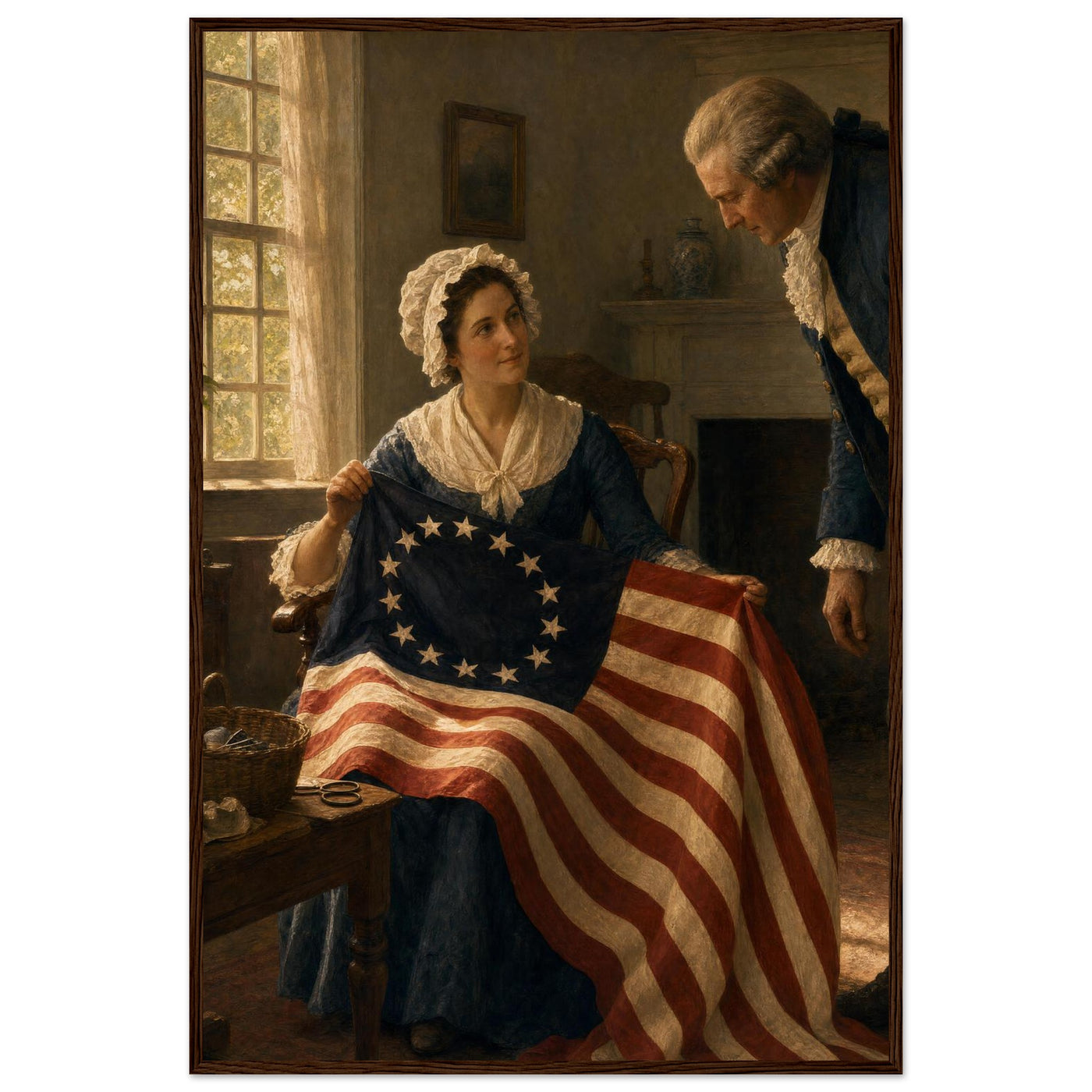 Framed print of Betsy Ross sewing the first American flag, ready to hang.