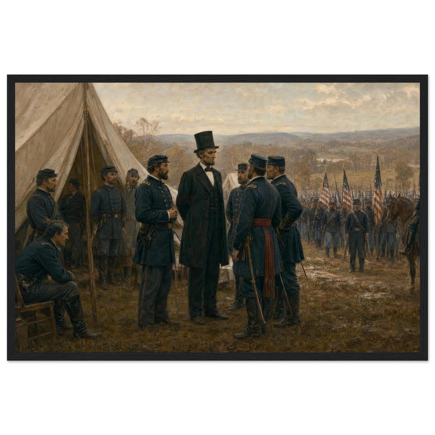 Framed art print of a Union army encampment with tents and officers at Antietam, in a solid wood frame.