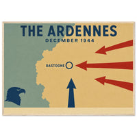 The Ardennes — Minimalist — framed poster print of red arrows converging on Bastogne, 12x18″ in a natural wood frame