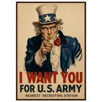 I Want You — framed fine art print of the Uncle Sam Army recruiting poster, 12x18″ in a dark wood frame