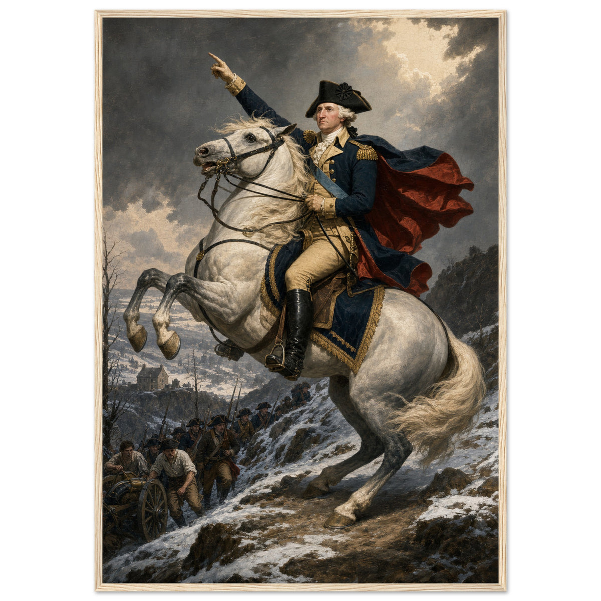 Onward to Princeton — framed fine art print of Washington on a rearing white horse pointing up a snowy ridge above his troops, in a natural wood frame