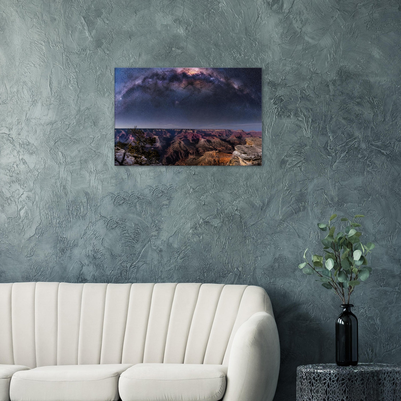 Canvas print of the Grand Canyon under the Milky Way — room view, ready to hang.