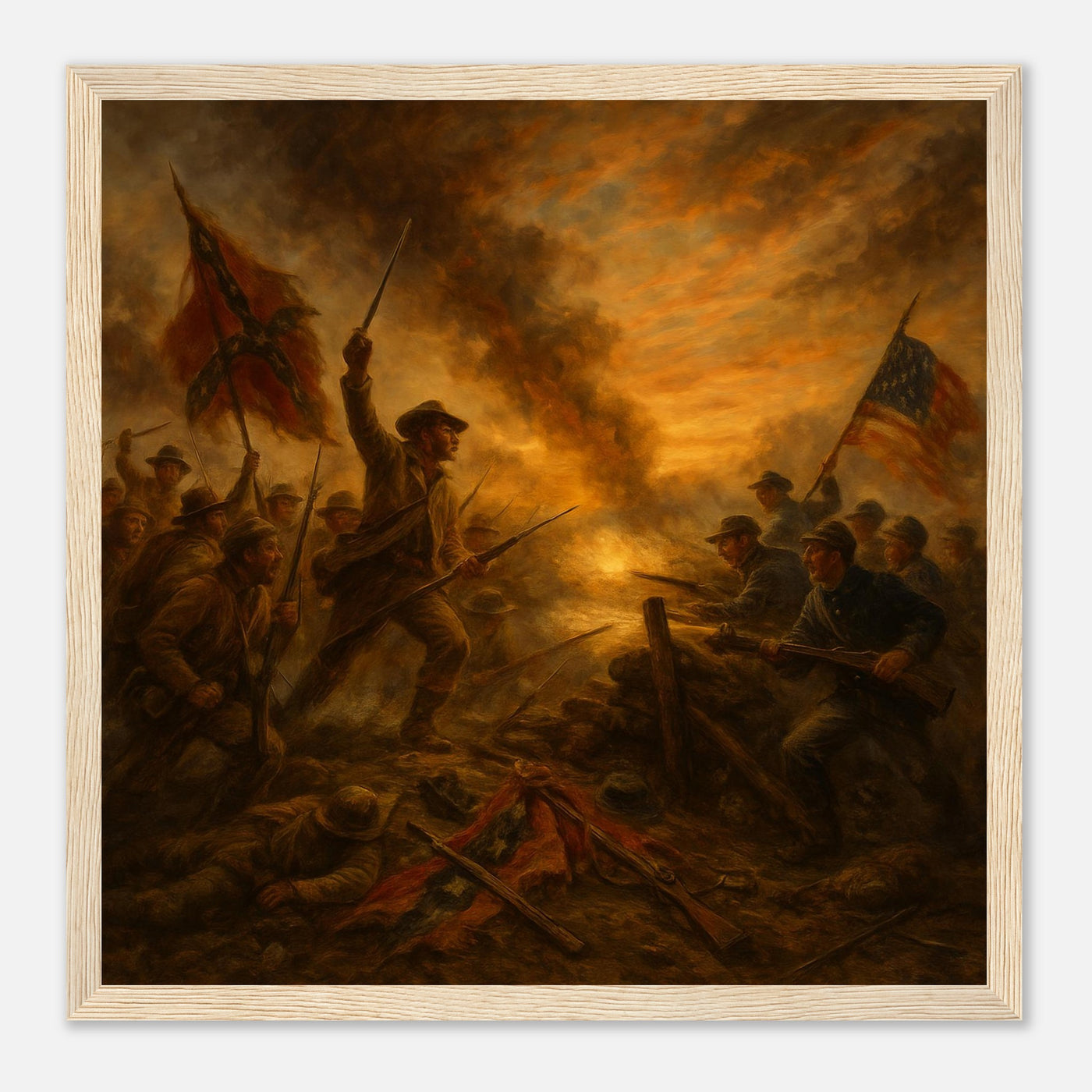Framed print of Civil War soldiers advancing at dawn, ready to hang.