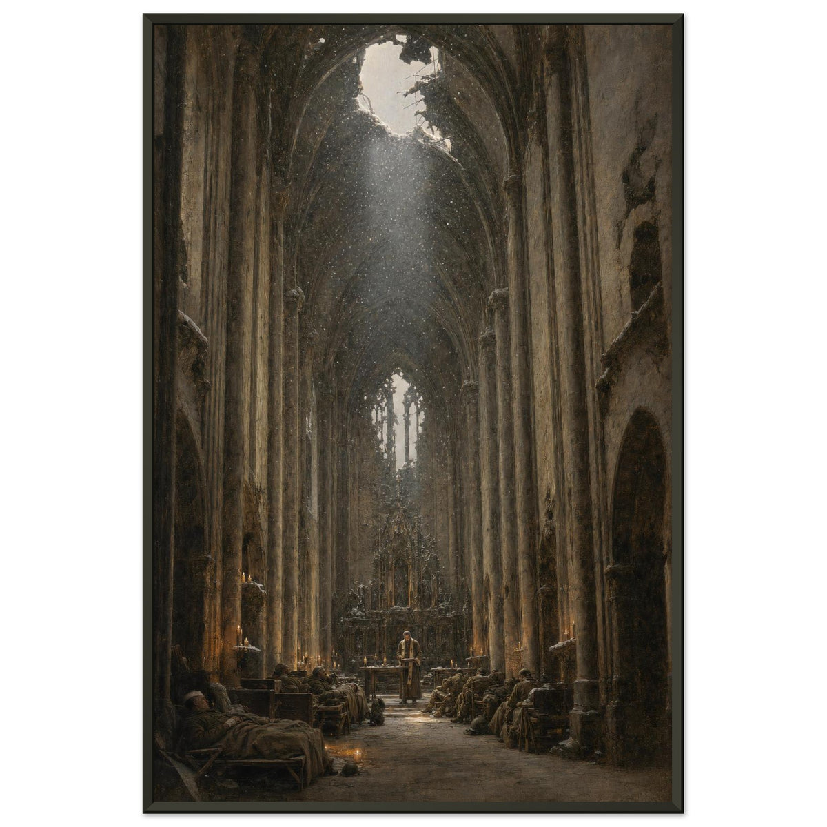 The Vault at Christmas — framed fine art print of soldiers resting in a bombed church nave, 28x40″ in a black frame