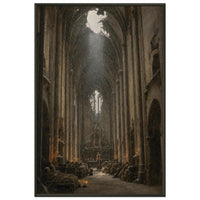 The Vault at Christmas — framed fine art print of soldiers resting in a bombed church nave, 28x40″ in a black frame