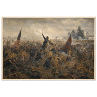 Framed panoramic art print of the Battle of Antietam, in a solid wood frame.